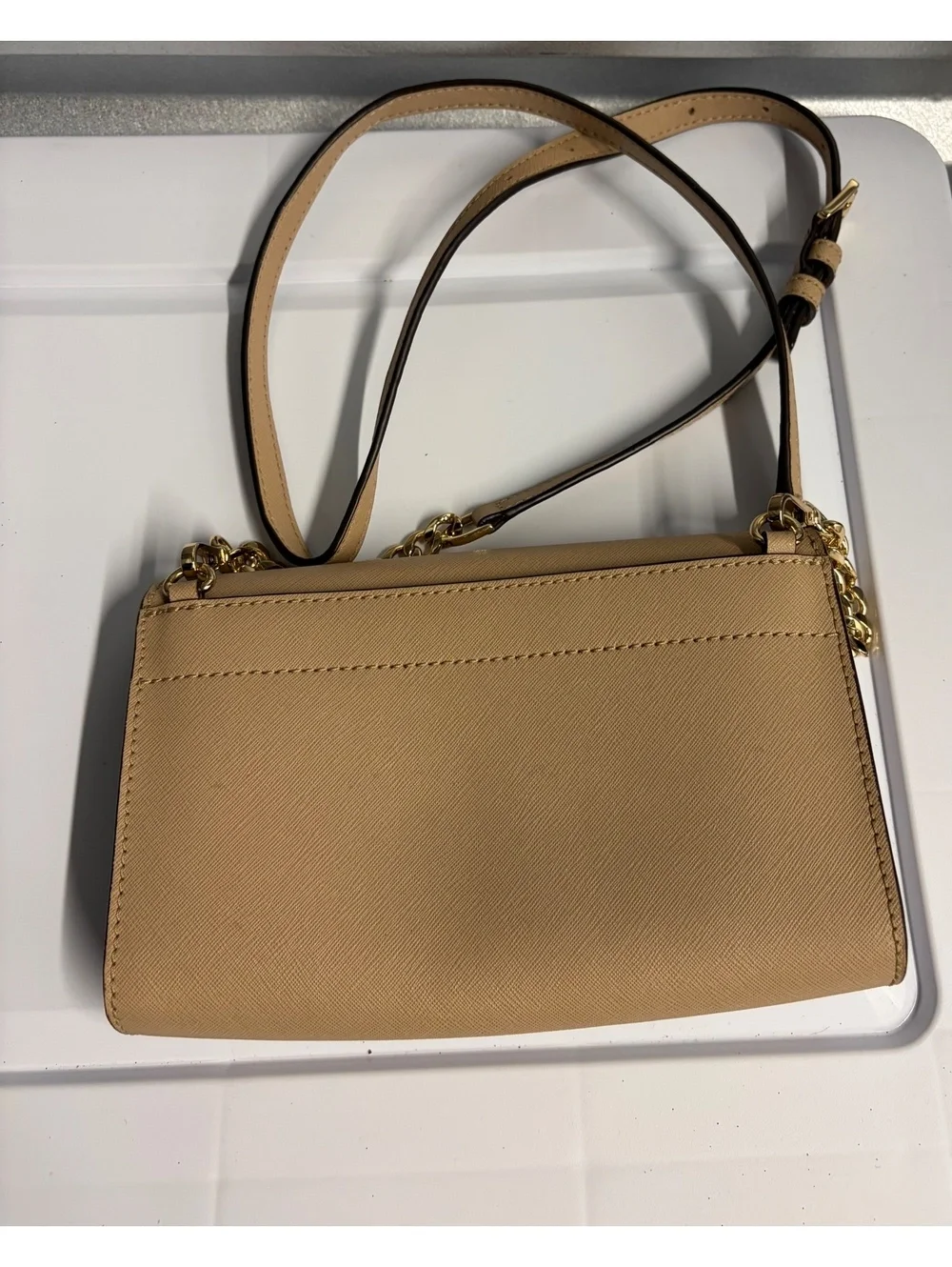 Michael Kors Beige Leather Crossbody Bag with Gold Chain Strap